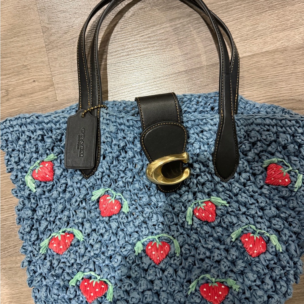 Coach Blue Knit Tote with Strawberry Design